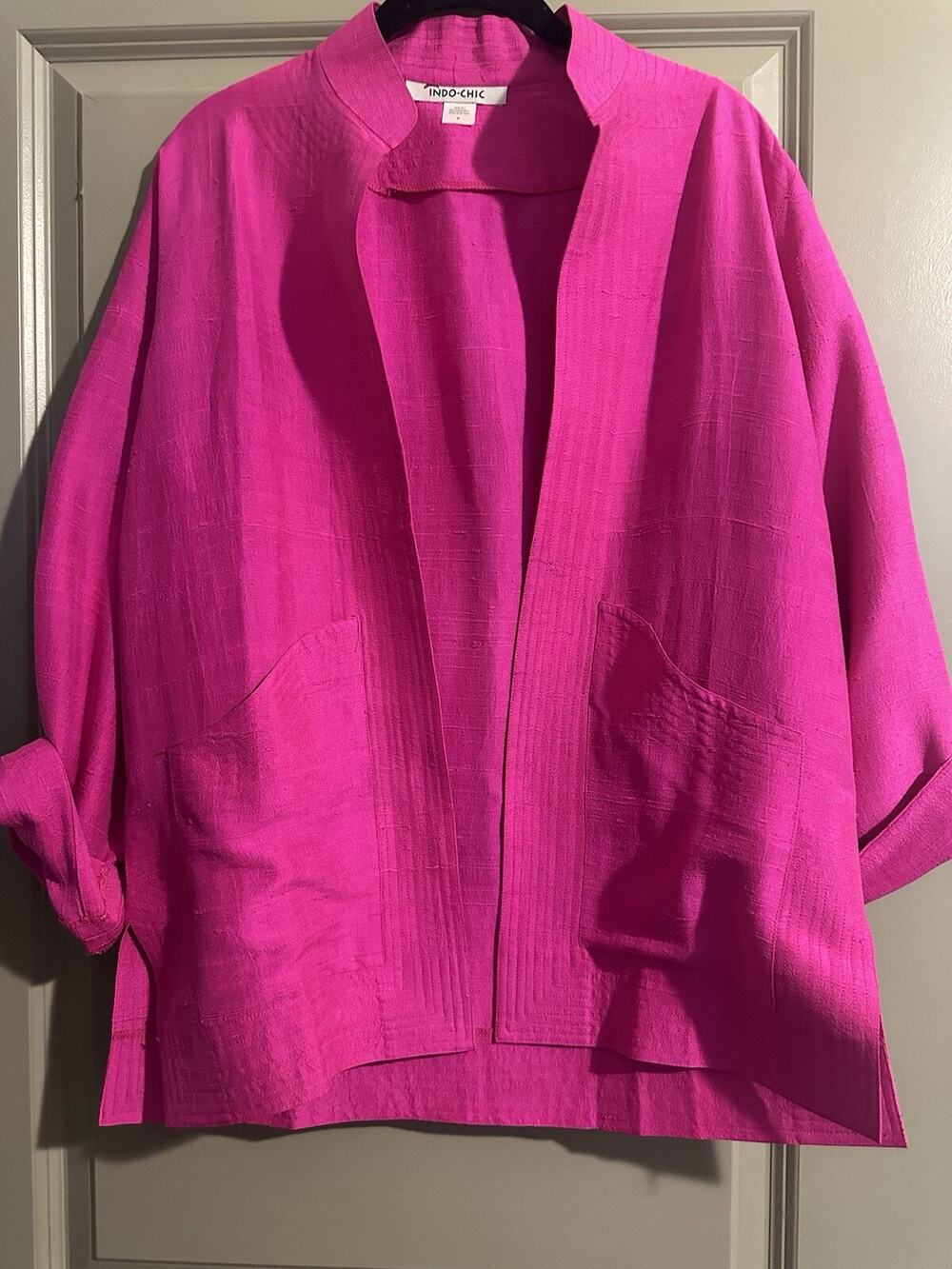 Indo-Chic 100% Silk Jacket Top Pink Fuchsia Open Front Pockets Size P Petite